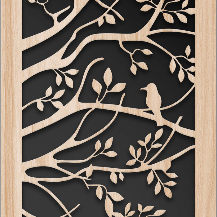 ALBERO CON UCCELLINI 100x70 cm - Quadro arredo LASERCUT composito Legno e PVC Misura: 100x70 cm