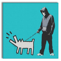 BANKSY - HOODIE GUY WITH HARING DOG - Quadro Canvas su telaio in legno Misura: 80x80 cm