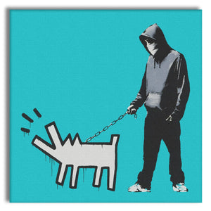 BANKSY - HOODIE GUY WITH HARING DOG - Quadro Canvas su telaio in legno Misura: 80x80 cm