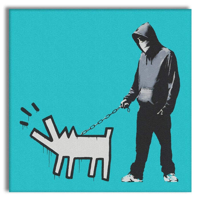 BANKSY - HOODIE GUY WITH HARING DOG - Quadro Canvas su telaio in legno Misura: 80x80 cm