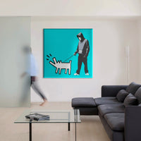 BANKSY - HOODIE GUY WITH HARING DOG - Quadro Canvas su telaio in legno Misura: 100x100 cm