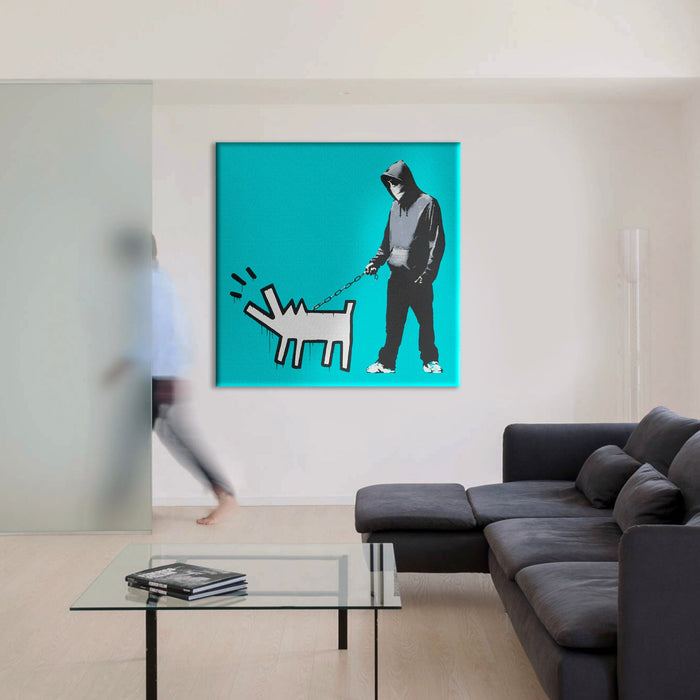 BANKSY - HOODIE GUY WITH HARING DOG - Quadro Canvas su telaio in legno Misura: 100x100 cm