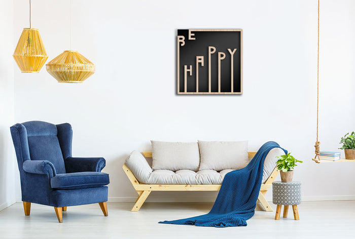 BE HAPPY - Quadro arredo LASERCUT composito Legno e PVC Misura: 40x40 cm