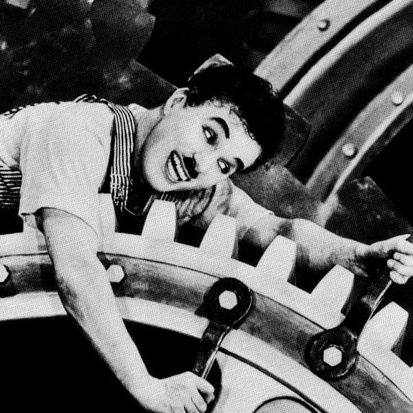 Charlie Chaplin TEMPI MODERNI - Quadro stampa su tela montata su telaio in legno Misura: 130x130 cm