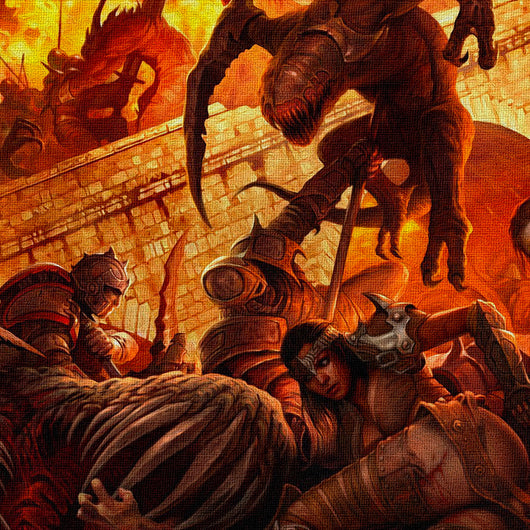 DEMONI, DRAGHI E CAVALIERI - Stampa su Canvas montata su telaio in legno - battaglia infernale Misura: 140x50 cm