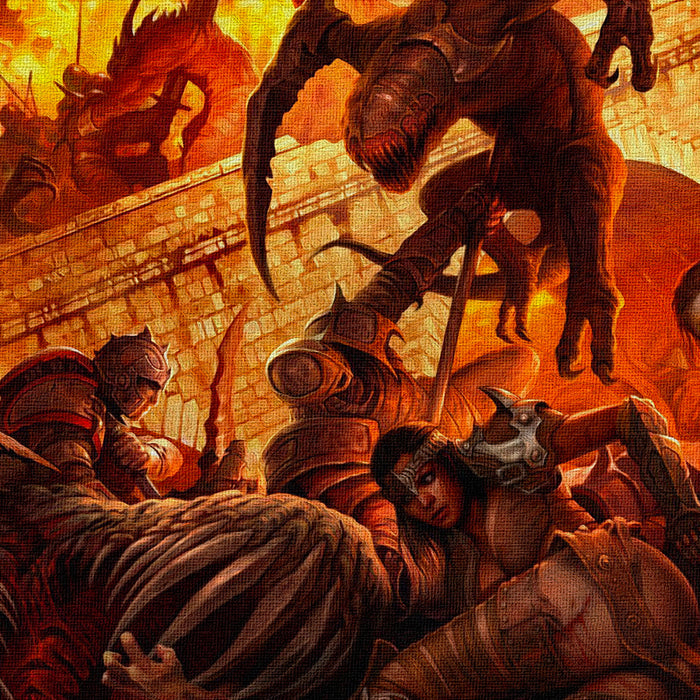 DEMONI, DRAGHI E CAVALIERI - Stampa su Canvas montata su telaio in legno - battaglia infernale Misura: 140x50 cm