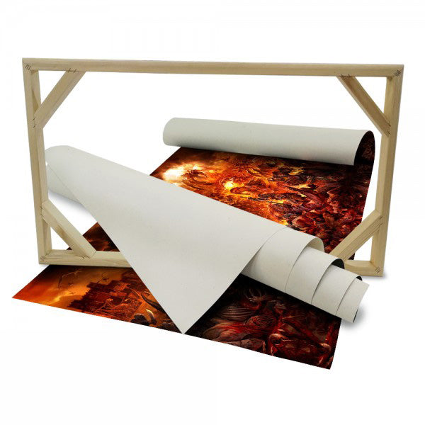 DEMONI, DRAGHI E CAVALIERI - Stampa su Canvas montata su telaio in legno - battaglia infernale Misura: 140x50 cm