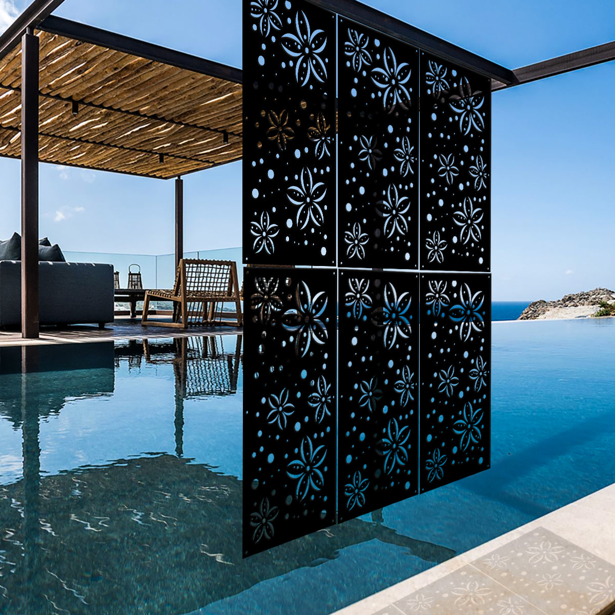 FLOWERS - Pannello in PVC traforato - Parasole Misura: 98x198 cm, Colore: nero