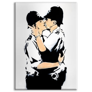 Kissing Policeman - Banksy - Quadro stampato su Canvas e montato su telaio in legno Misura: 70x100 cm