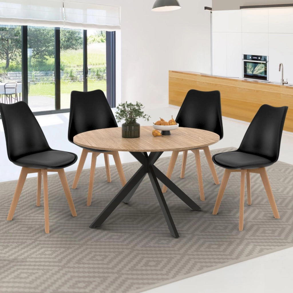 Tavolo da pranzo allungabile ALIX, rotondo, 4-8 persone, nero e gambe a zampa di spagnola in legno 110-150 cm