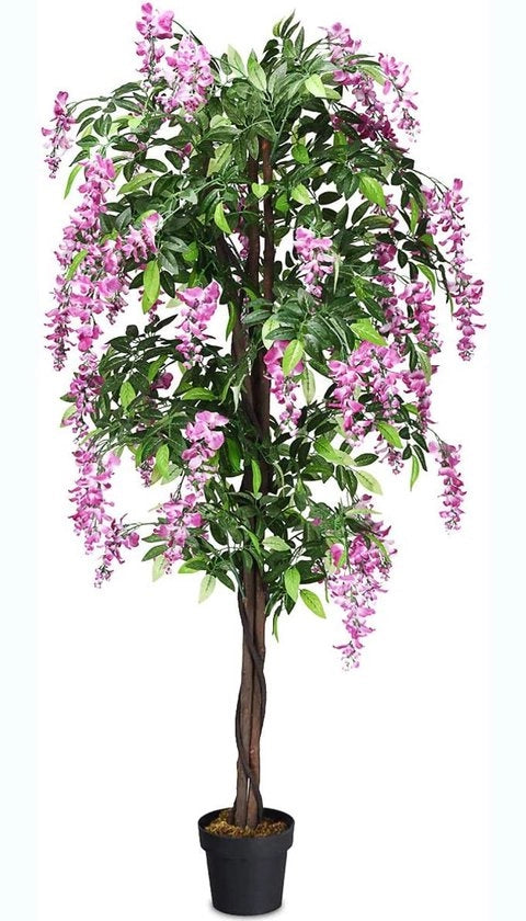 Arbusto in fibra di 180 cm, pioggia artificiale blu con fiori rosa, decorazione per appartamento in un contenitore di cemento, pianta ornamentale, decorazione interiore artificiale per interni