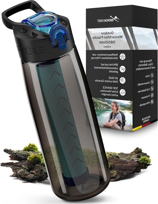 Otturatore di Acqua da Esterno (650ml) con Bussola - Otre da Bere con Otturatore per Acqua Pulita - Trattamento dell'Acqua per Campeggio Preparazione e Equipaggiamento di Emergenza (Nero)