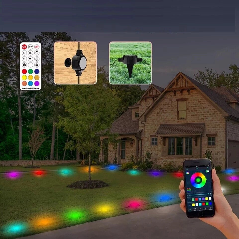 Catena di 16 Luci Led RGB Luce Bianca da 12.8 Mt Su picchetti da Giardino