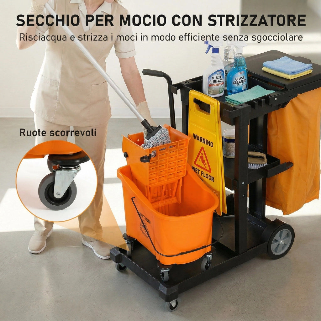 Carrello Pulizie: Ruote. 3 Ripiani. Sacco 70L. Secchio con Strizzatore.