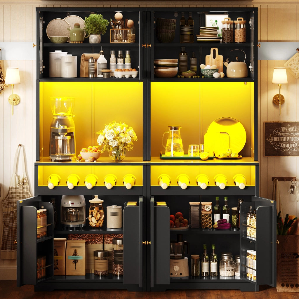 ARMADIO BUFFET ALTO 140x38,3x180 cm Nero MDF e Metallo Set da 2 pezzi con LED RGB
