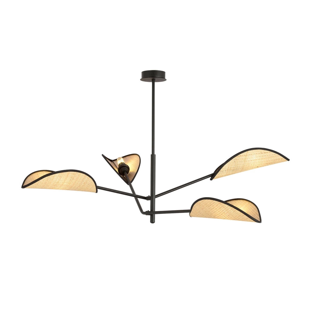 Lampadario 4 Luci Eridano In Acciao Nero E Rattan Con Bracci Mobili
