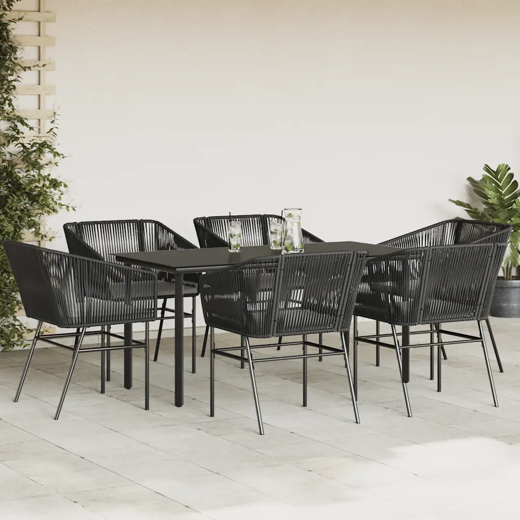 Set Pranzo da Giardino 7 pz Nero con Cuscini Polyrattan Vetro 3334615