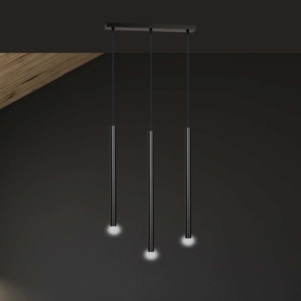 Lampadario 3 Luci Moderno Shu Acciaio Nero E Paralumi A Cilindri Sottili