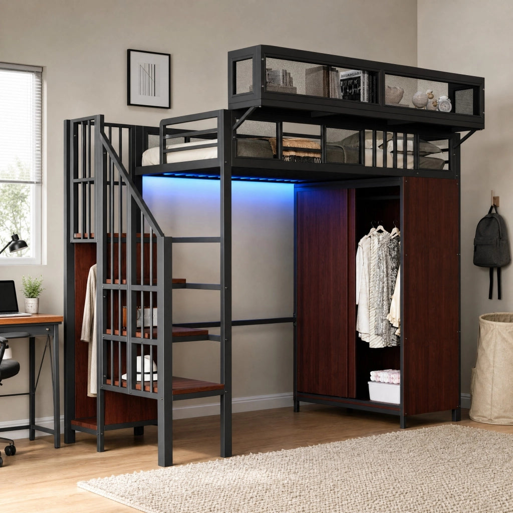 Letto a soppalco 90x200 cm con armadi, LED e scala contenitore