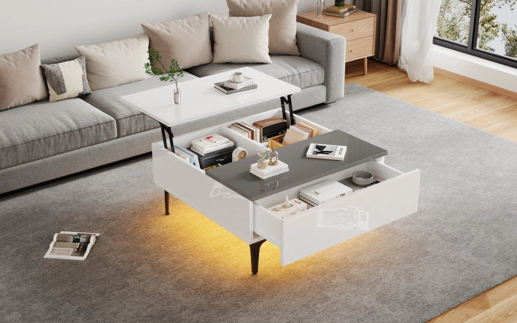 Tavolino da caffè sollevabile 70x70x35 cm con LED; ripiani interni e cassetto; bianco e grigio