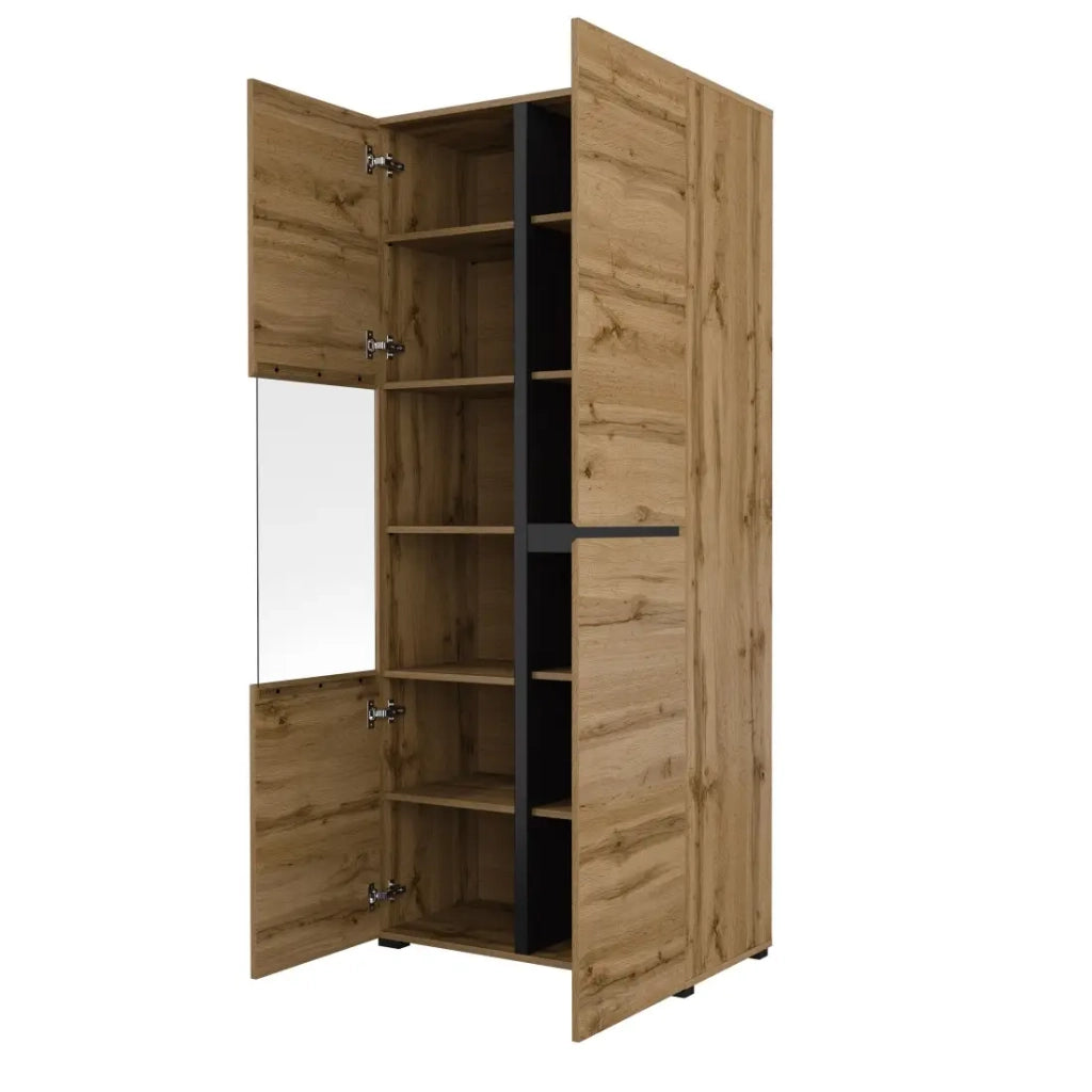 Vetrina alta 2 porte collezione HAVANA con LED integrato. Colori rovere e nero.