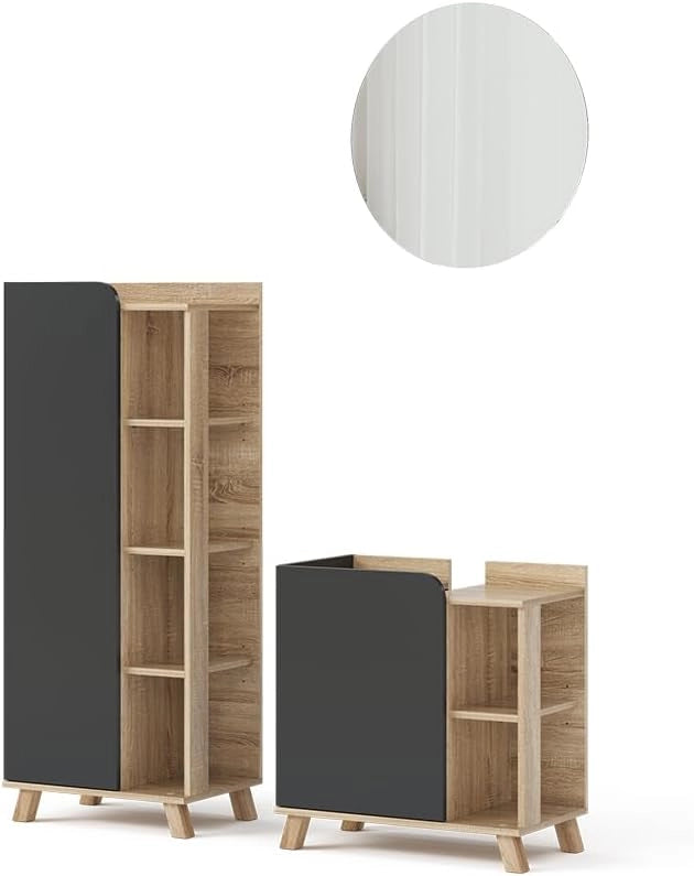 Set di mobili da bagno Karen, Sonoma/antracite, 60 cm, composto da mobile sottolavabo, specchiera e colonna alta