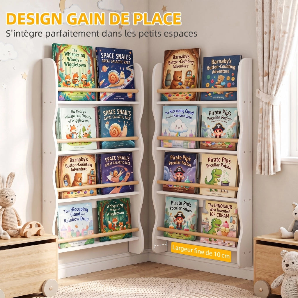 Bibliothèque murale pour enfant,Rangement Livre 4 Niveaux, Blanc