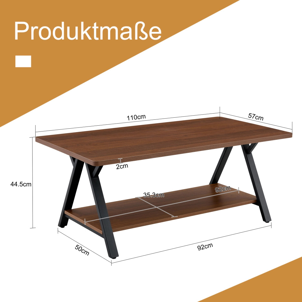 Tavolino basso industriale con ripiano portaoggetti struttura in metallo nero per soggiorno 110 × 57 × 44,5 cm
