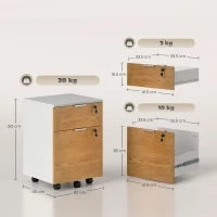 Cassettiera Ufficio a 2 Cassetti con Chiavi di Sicurezza e 5 Ruote, Legno, 42x40x60 cm, Bianco e Legno