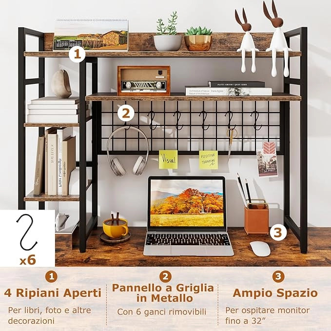 Mensola da Scrivania, Scaffale Espositivo a 4 Ripiani con Pannello a Griglia Metallica e 6 Ganci, Organizzatore da Scrivania per Computer, per Ufficio Casa Dormitorio, 94x25x73,5 cm (Marrone)