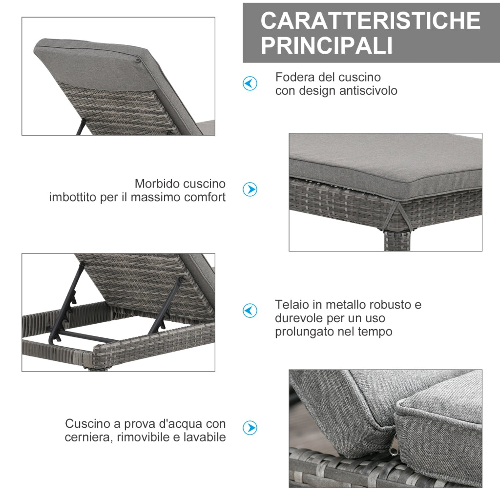 Easycomfort Set 2 Sdraio da Giardino Cuscino Imbottito Regolabile su 6 Livelli in Rattan 196 x 65 x 22 cm, Grigio