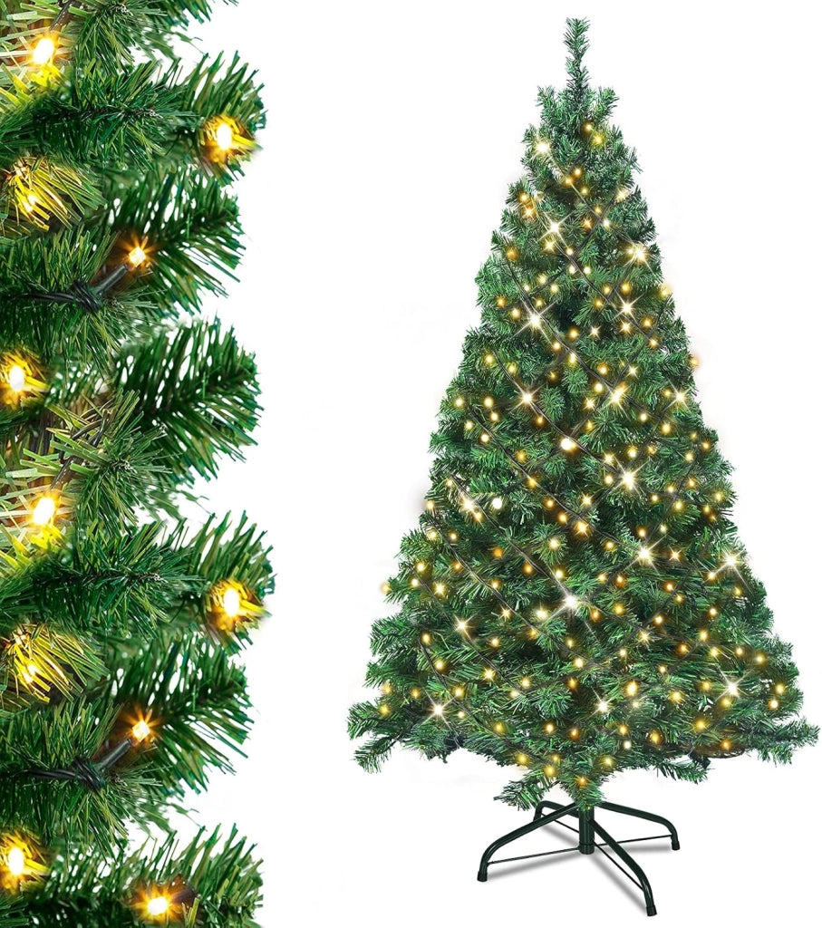 Albero di Natale artificiale con illuminazione, 180 cm, in PVC, artificiale, con 250 LED e supporto, decorazione natalizia, verde