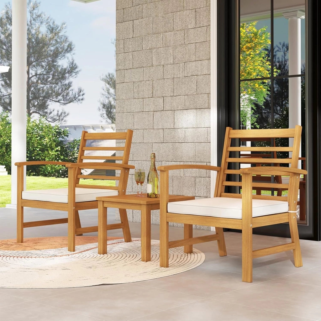 Set di 3 mobili da giardino in legno di acacia, per balconi, terrazze, mobili da giardino, set da 2 persone, set da 2 sedie con tavolo in legno, set da giardino con cuscino incluso