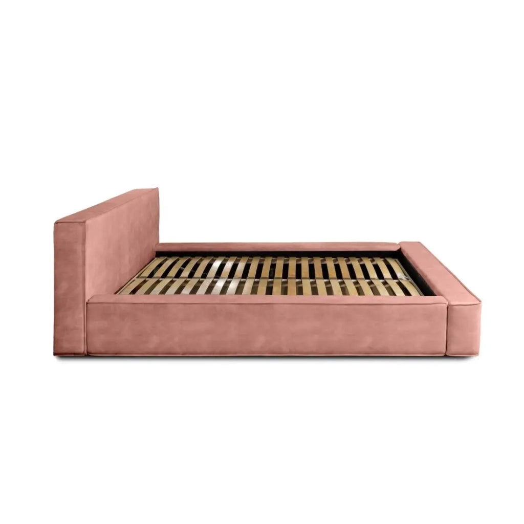 Letto contenitore VELORA – Corallo – 160x200 cm – Tessuto velluto morbido – Rete sollevabile – Contenitore integrato