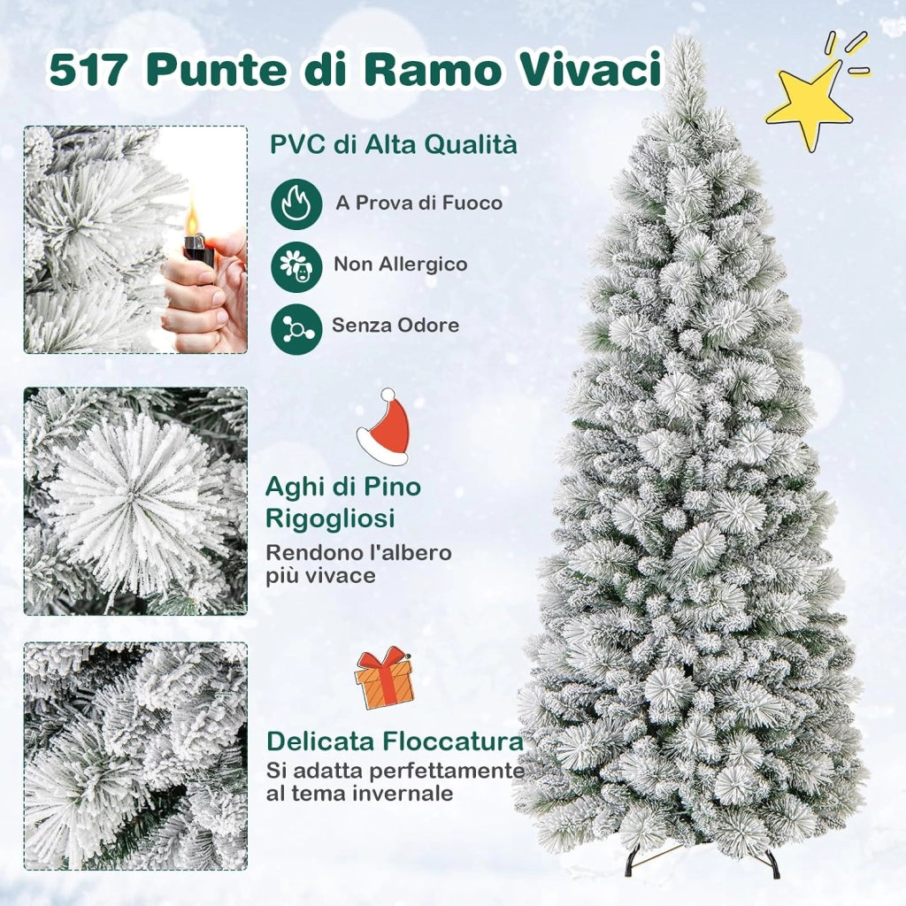 Albero di Natale Innevato 150/180/210 cm, Albero di Natale Pop-Up con 130/170/200 Luci LED, Aghi di Pino, 378/517/680 Punte di Rami, Sezione Pieghevole e Supporto in Metallo (180 CM)