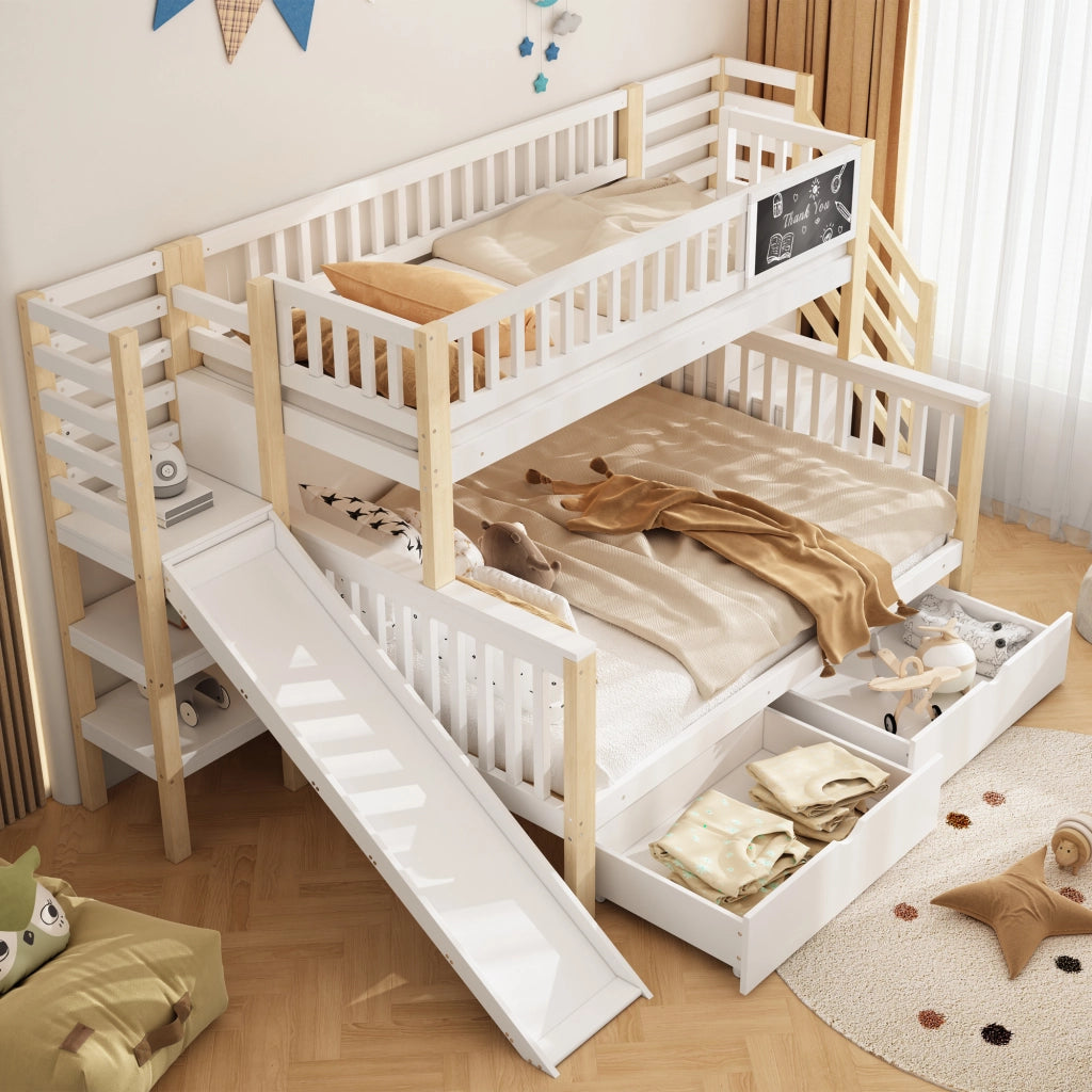 OKWISH Letto a Castello 140×200 cm e 90×200 cm, Letto 3 Posti con Scala Contenitore, Armadio e Scivolo, senza Materasso, Bianco