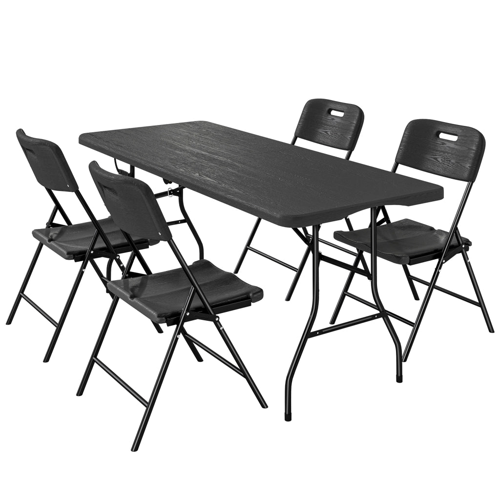 Set 5 Pezzi Tavolo e Sedie da Campeggio con Tavolino Pieghevole e 4 Sedie in HDPE e Metallo Nero