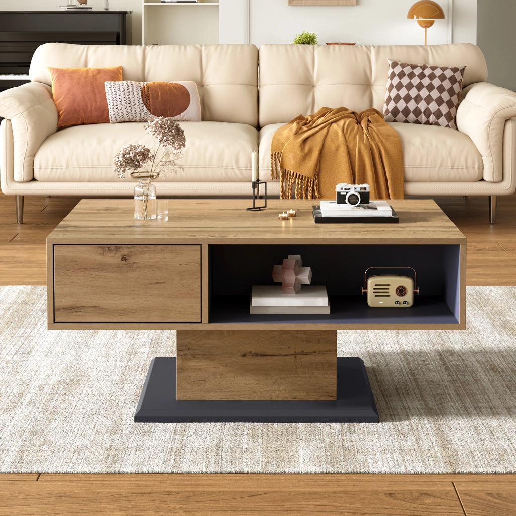 Tavolino da Salotto con Contenitore Bifacciale e Vano Interno; Design Moderno; in Truciolato; Grigio Rovere