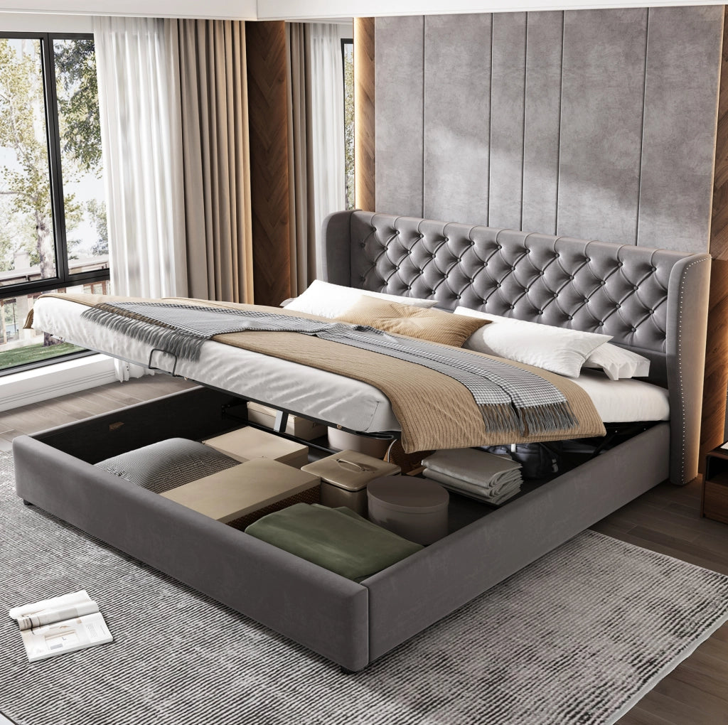 Letto matrimoniale imbottito 160x200 cm in velluto grigio con testiera alta e contenitore