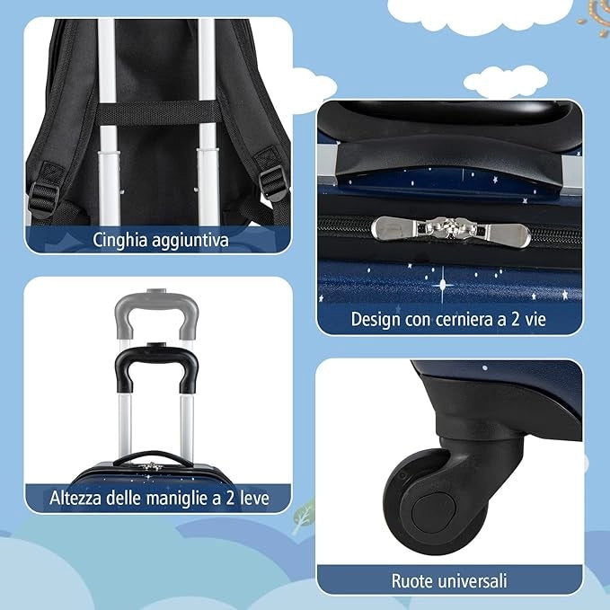 Set di Valigia per Bambini, 16" Valigia+ 12" Zaino, 2 Pezzi, con Ruote Girevoli a 360° e Maniglia Retrattile, Ideale per Viaggiare in Modo Comodo e Divertente (Modello 4)