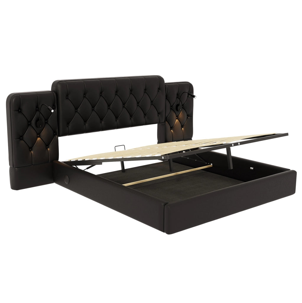 Letto matrimoniale 180x200 cm in pelle PU nera con testiera allungata; luci LED da lettura e USB