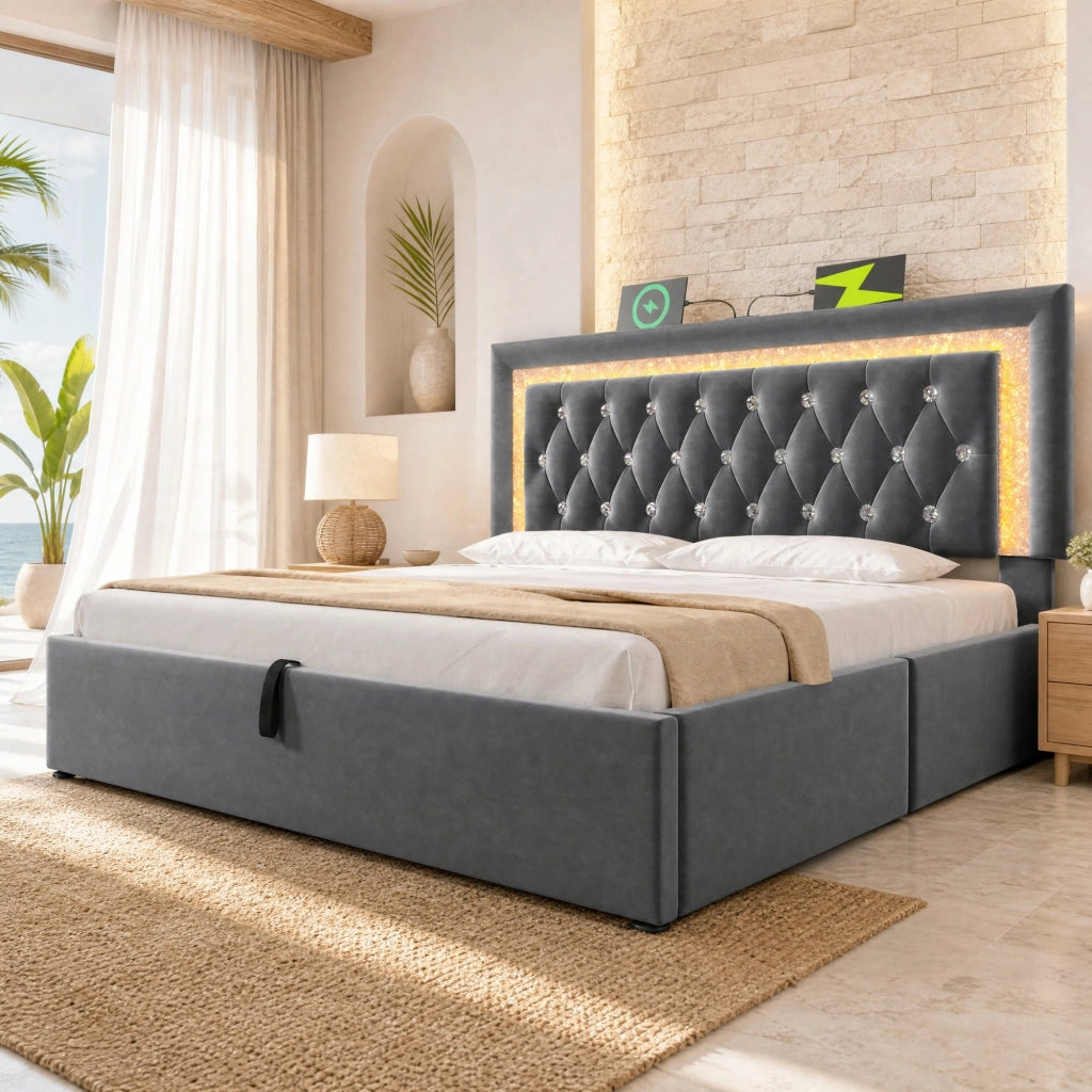 DESMIU Lit coffre 140 × 200 cm 2 posti con LED, USB e Type-C, senza materasso, in velluto, grigio
