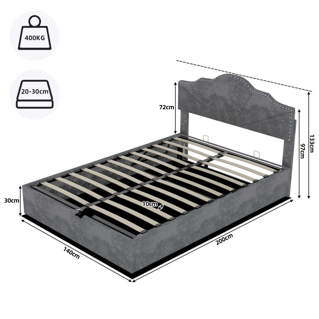 Letto Contenitore Imbottito ¨C MINIMAL ¨C Grigio 140x200 con Testiera, Doghe e Alzata Idraulica