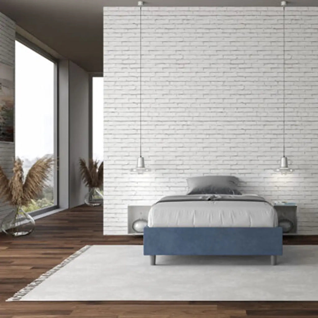 Letto una piazza e mezza con rete imbottito 120x190 microfibra blu Azelia