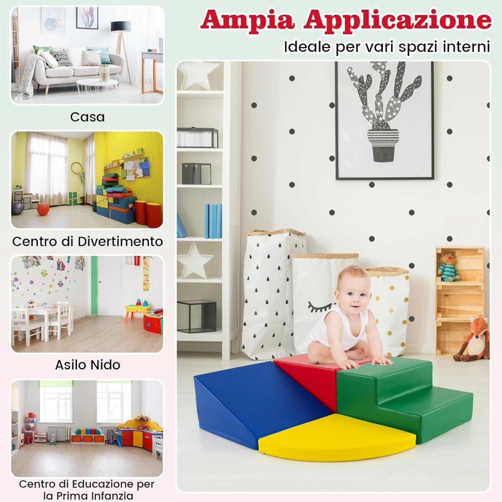 Set di Blocchi in Schiuma per Bambini 4 Pezzi, Set di Costruzioni Morbide in PU + EPE per Sviluppo dei Bambini, Gioco Attivo Interno per Arrampicarsi e Gattonare (Colorato)