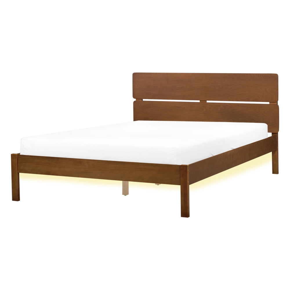 Letto in marrone scuro UE matrimoniale 140 x 200 cm con testiera a doghe Stile rustico minimalista con LED