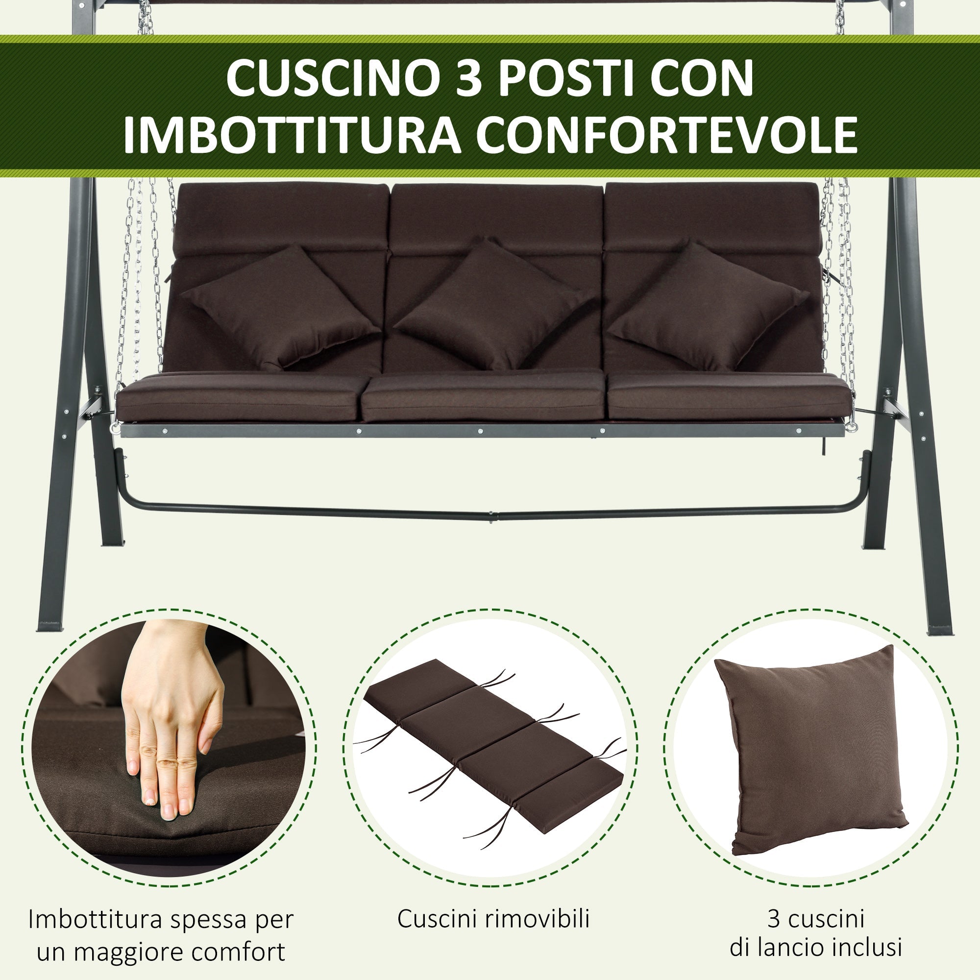 Dondolo da Giardino 3 Posti 198x118x168 cm Sedute Separate con Chaise Longue Marrone