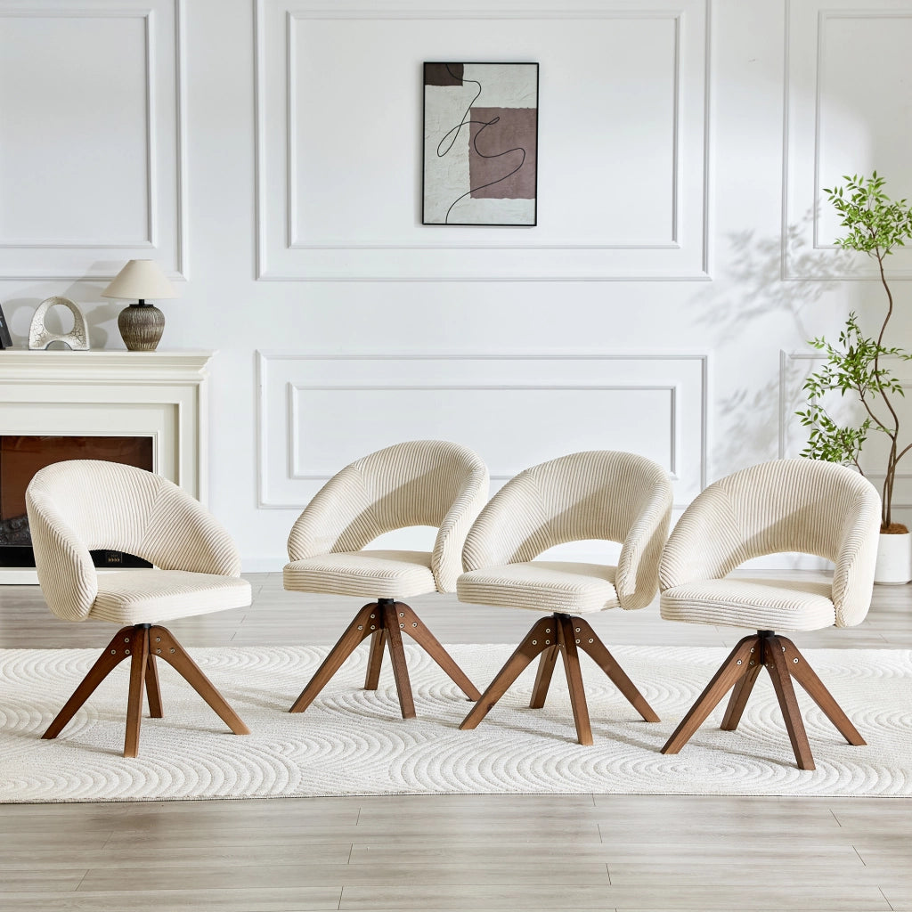 Set 2 Sedie Girevoli Retr¨° ¨C MINIMAL ¨C Tessuto Bianco a Righe, Gambe in Legno Massello Noce, Schienale