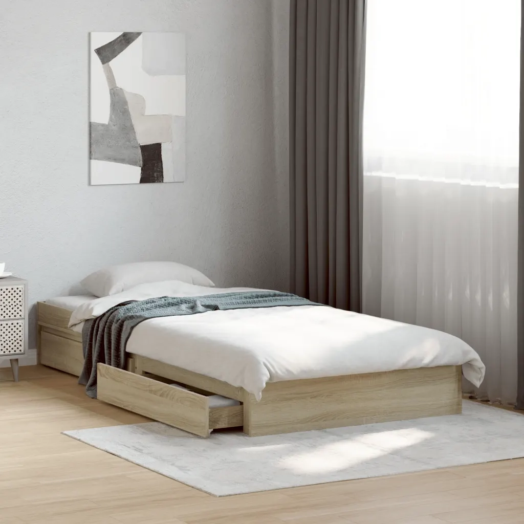 Letto singolo | Letto per adulti | Giroletto Cassetti Rovere Sonoma 90x200 cm Legno Multistrato