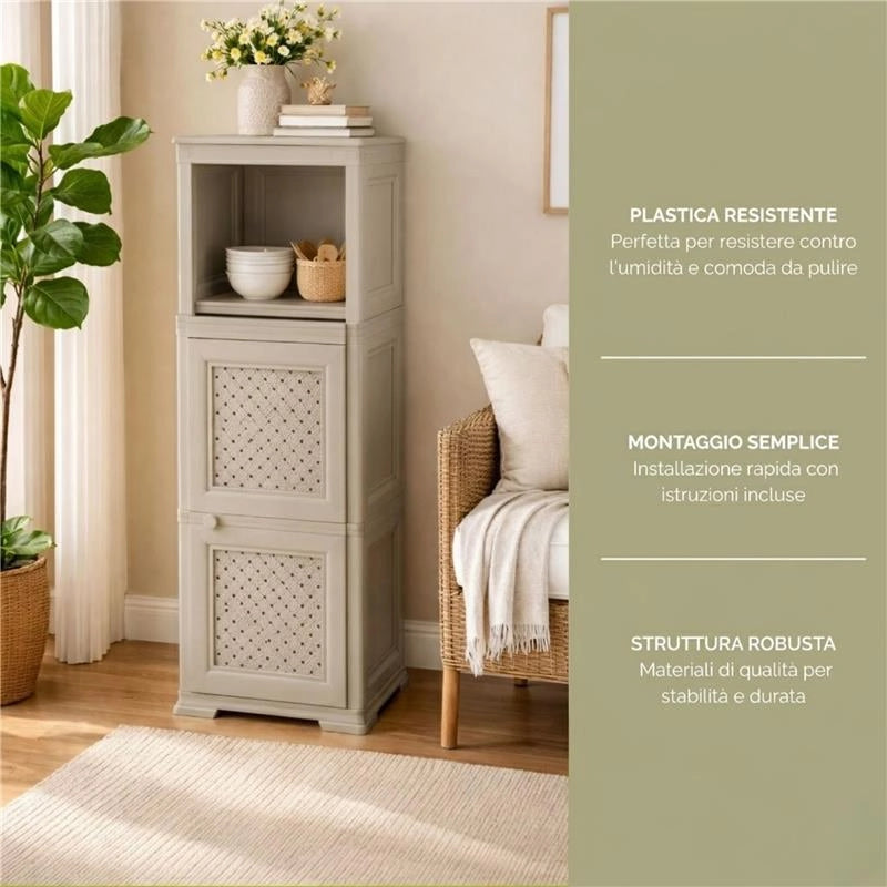 MOBILE 2 MODULI TAUPE 40X43X125 CM CON ANTE TRAFORATE E 1 MODULO SCAFFALE – CONTENITORE VERTICALE ORGANIZZAZIONE CASA PER INGRESSO E ZONA GIORNO